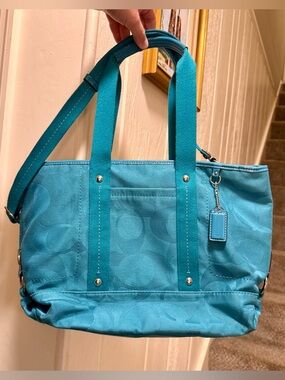 Coach Caribbean Blue Turquoise Canvas & Patent Leather Trim Tote Shoulder Bag